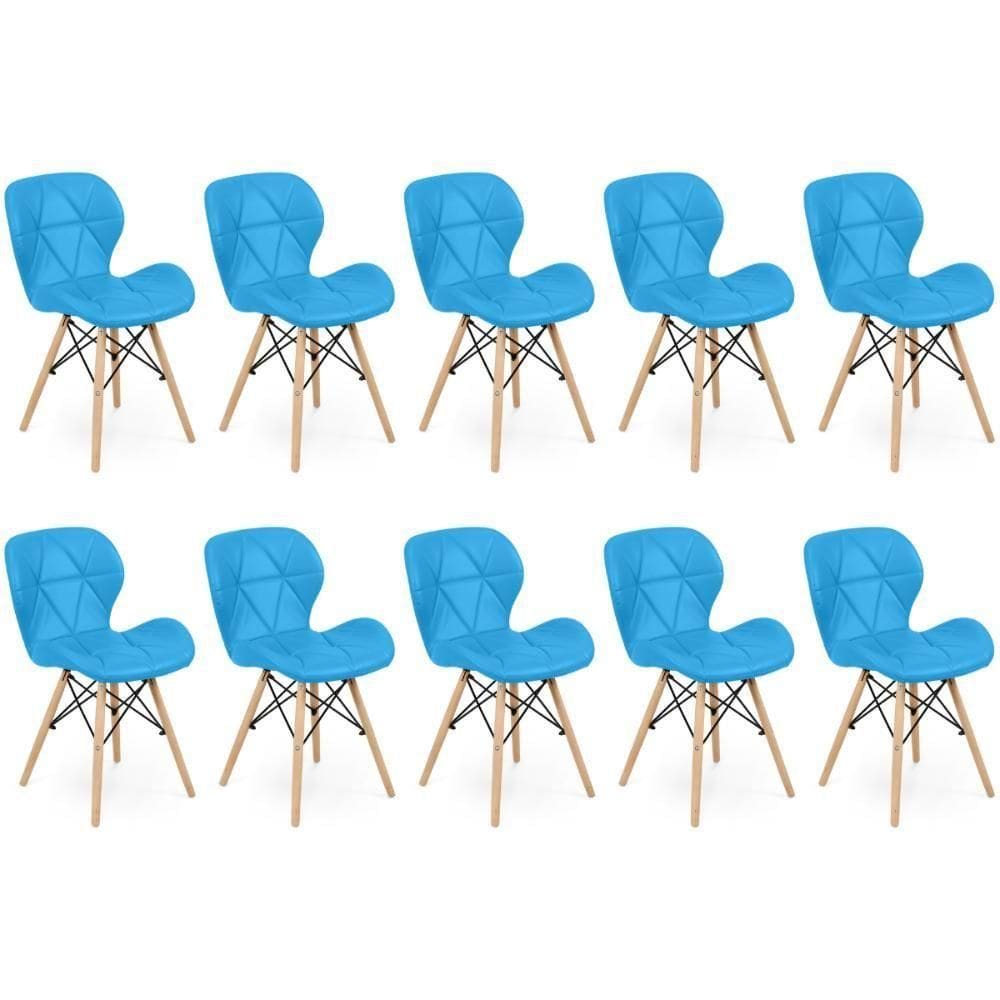 Kit 10 Cadeiras De Jantar Charles Eames Slim Wood Estofada - Azul