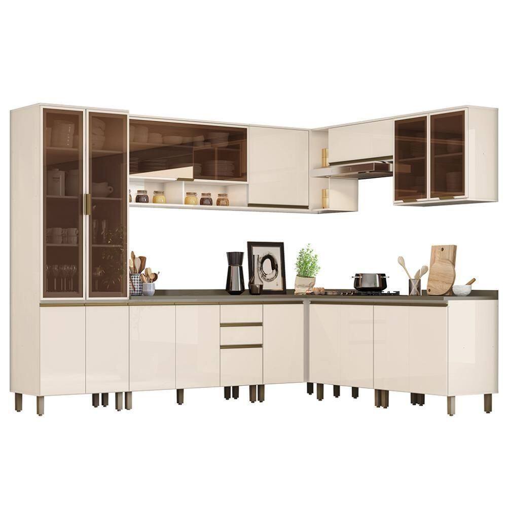 Cozinha Completa De Canto 9 Peças Connect Off White Com Cristaleira E Aéreo Vidro - Móveis Henn Off White