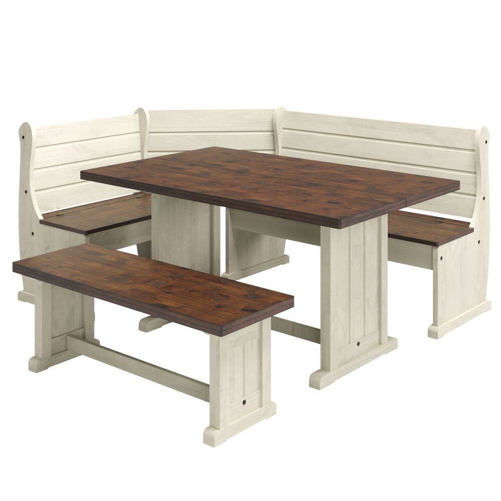 Conjunto de Bancos com Mesa em Madeira Maciça Branco Envelhecido