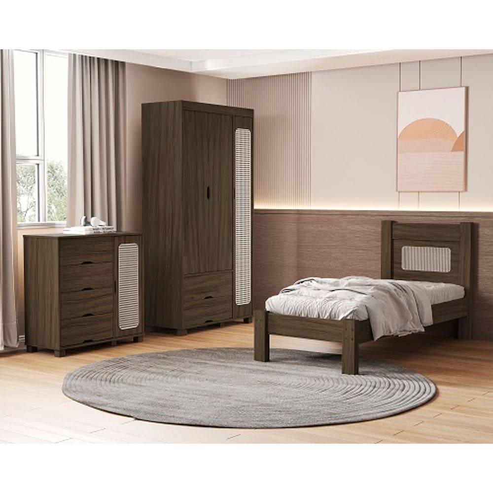 Conjunto Roupeiro/Cômoda/Cama De Solteiro Clara Chocolate - VJ Móveis