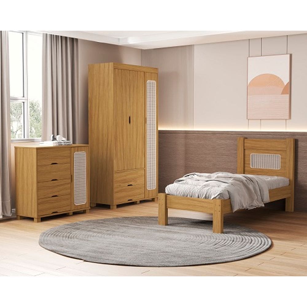 Conjunto Roupeiro/Cômoda/Cama De Solteiro Clara Nature - VJ Móveis