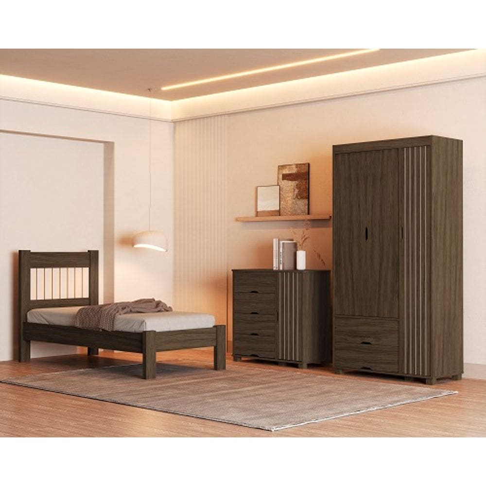 Conjunto Roupeiro/Cômoda/Cama De Solteiro Bela Chocolate - VJ Móveis