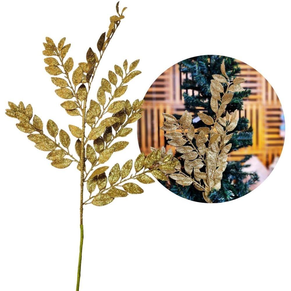 Galho Haste Folhagem Natalina Decorativa Dourado Glitter Brilhante 45cm - Bela Flor