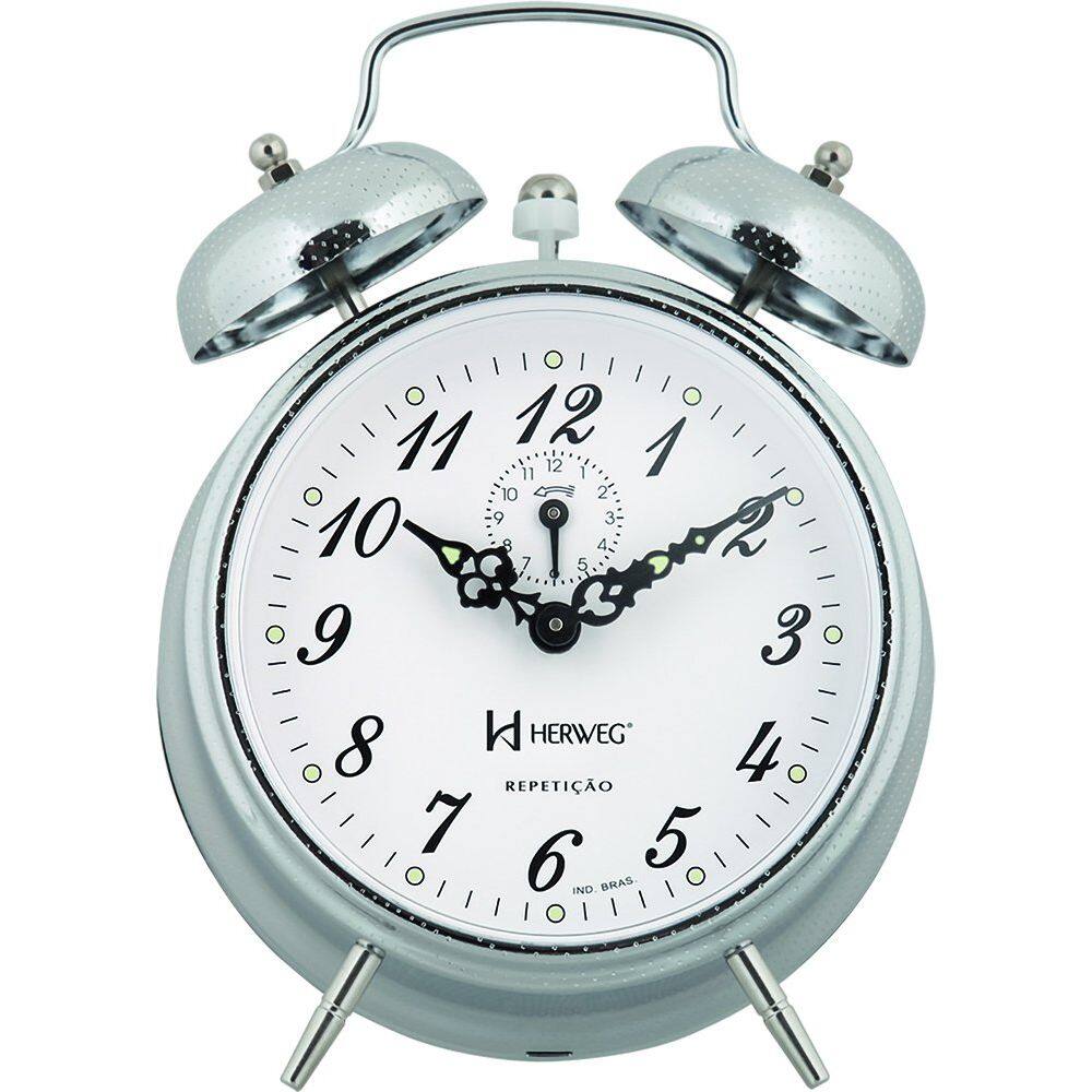 Relógio Despertador Mecânico de Metal A Cordas Cromado Vintage Herweg 2380-207