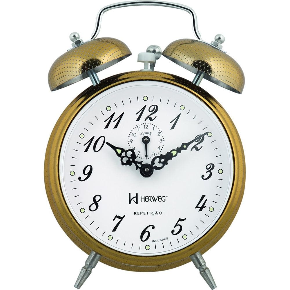 Relógio Despertador Mecânico de Metal A Cordas Dourado Vintage Herweg 2380-208