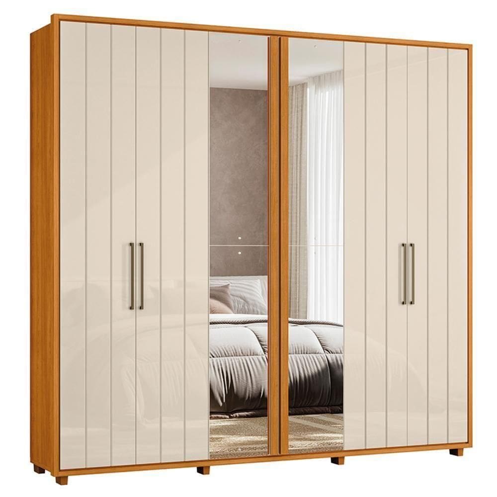 Guarda Roupa Casal Miró Ripado 6 Portas Cinamomo-off White Com Espelho - Madetec Cinamomo-off White