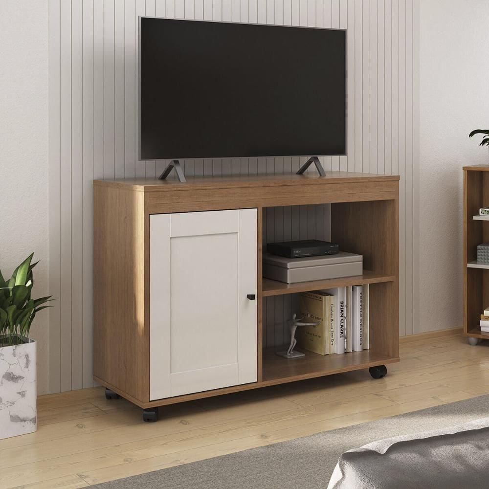 Rack Para Até 35 Polegadas 91cm Com Rodízios 1 Porta Multimóveis Cr45327 Cinamomo/off White Cinamomo/off White