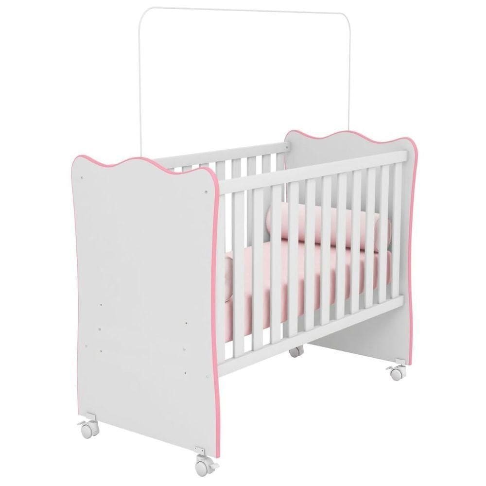 Berço De Bebê Com Rodinhas Para Quarto Infantil Doce Sonho branco Rosa