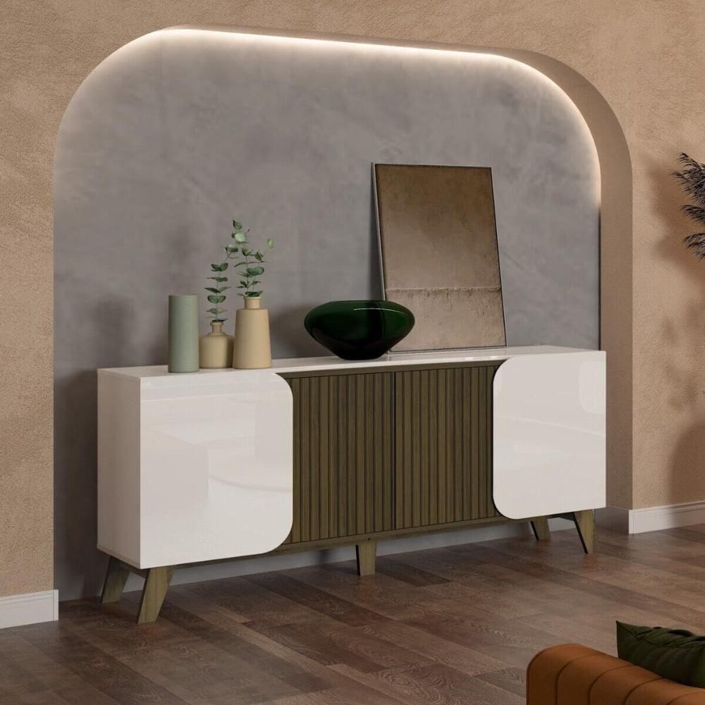 Aparador Buffet 160cm 4 Portas Com Pés Retrô Multimóveis Cr50126 Off White-pinho Ripado