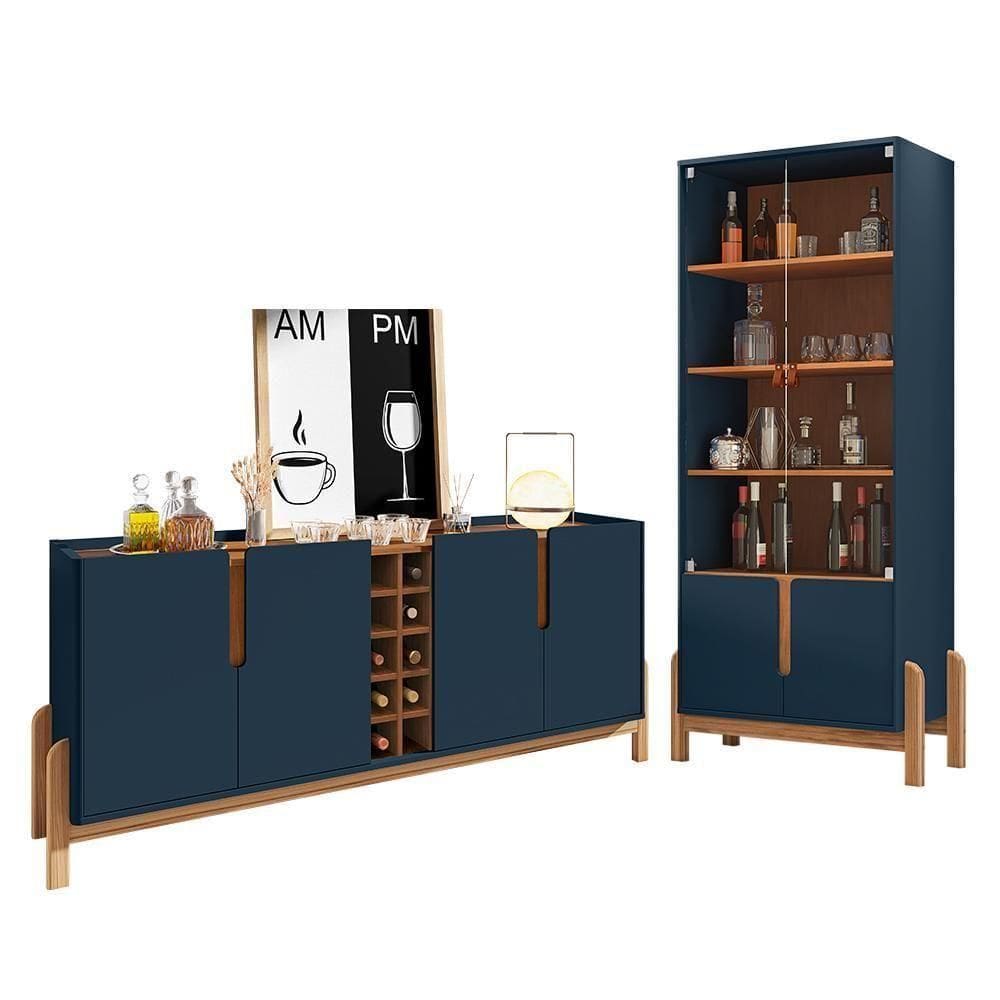 Sala De Jantar Lizz Com Cristaleira E Buffet Aparador Com Adega Azul Cobalto-cedro - Casa D Azul Cobalto-cedro