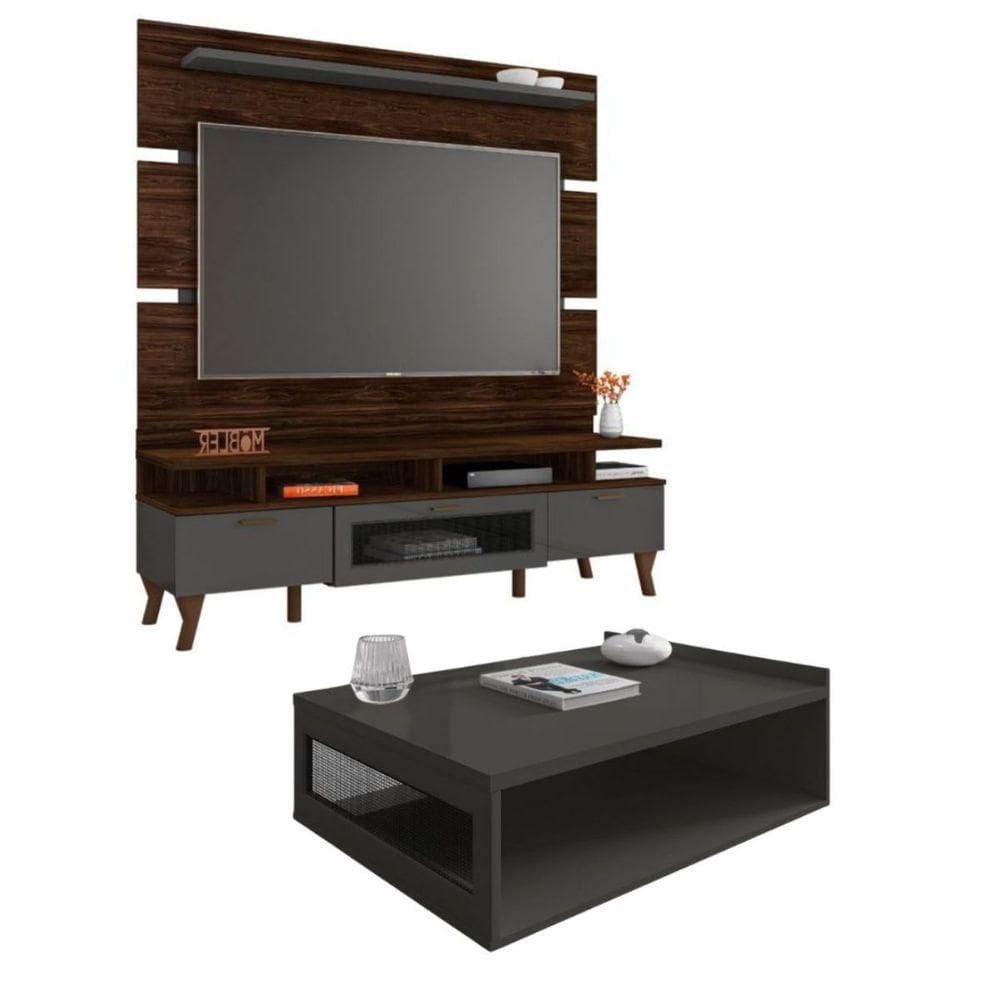 Rack Bancada 160 Cm Painel Para Até 65? E Mesa De Centro Dunamis marrom Palisandro Cinza Régio