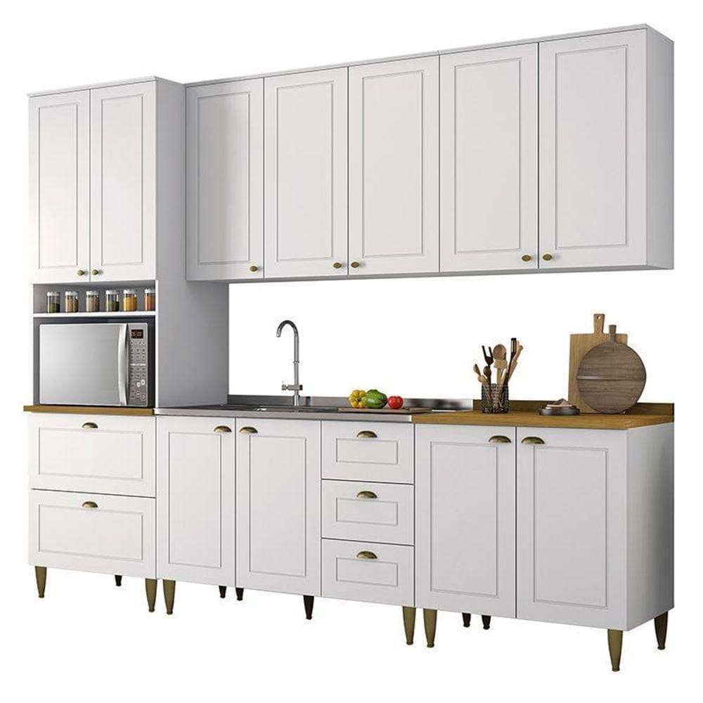 Cozinha Completa 5 Peças Americana Branco Com Torre Quente E Tampo Nature - Móveis Henn Branco