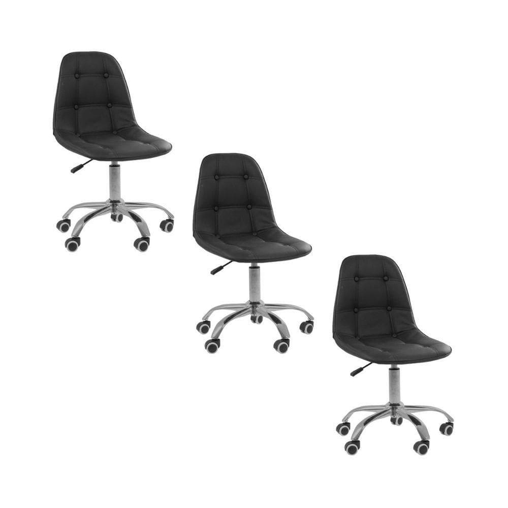 Kit 3 Cadeiras Office Eiffel Botonê Ajustável Base Giratória Preta