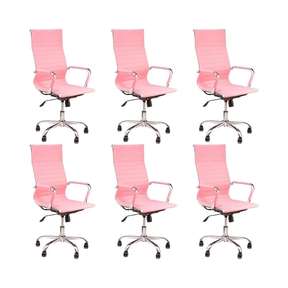 Kit 6 Cadeiras De Escritório Esteirinha Giratória Ergonômica Alta Rosa