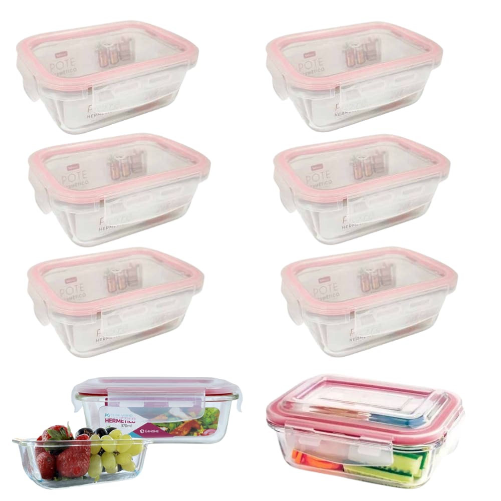 Kit 6 Pote Vidro Mantimentos Hermética Tampa Com Trava Silicone Rosa Marmita 370ml