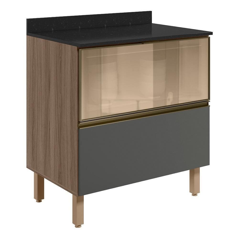 Balcao Tampo 2g Vidro 80cm Mdf Kali 16415 Nicioli Carvalho Toq Chumbo