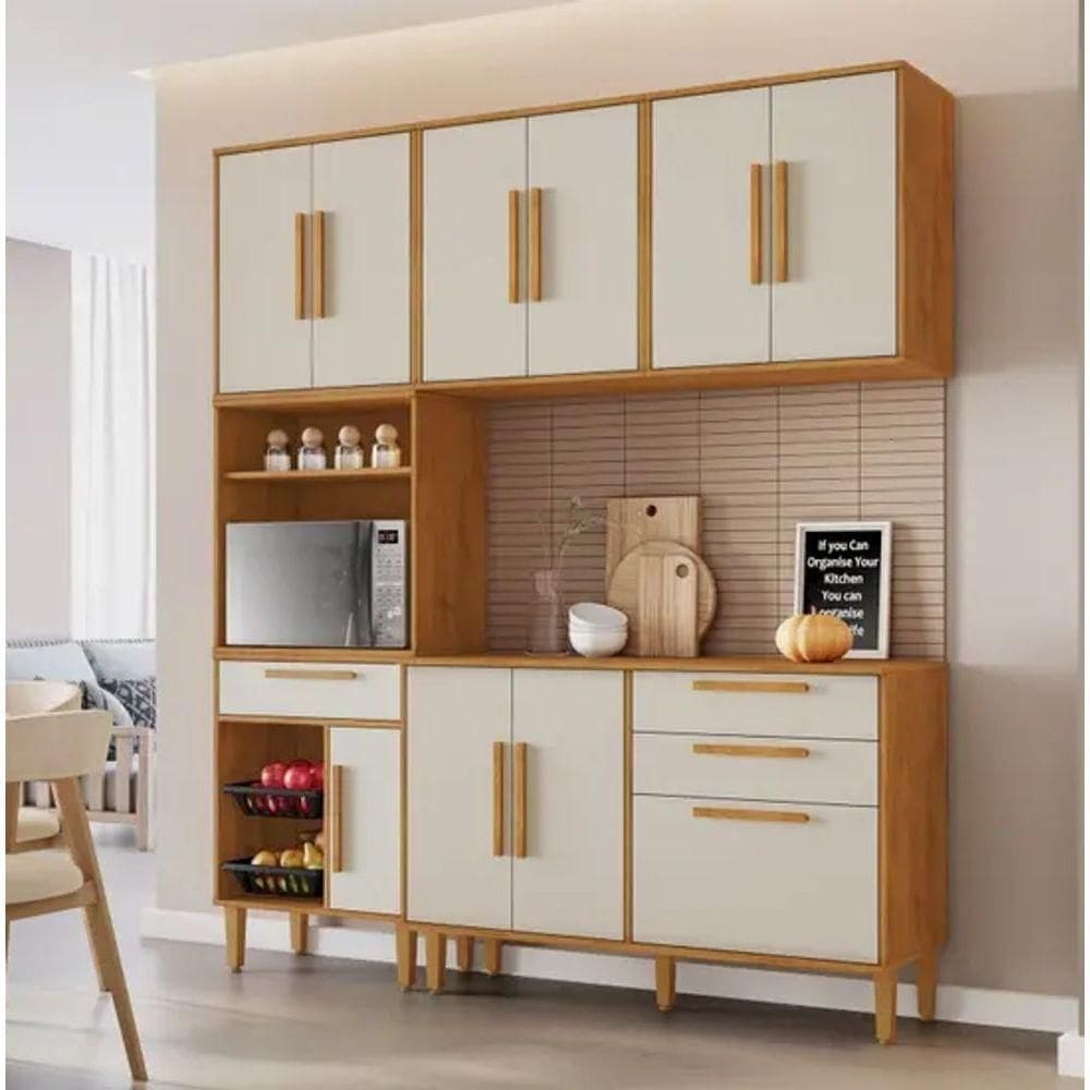 Cozinha Completa 10 Portas 3 Gavetas Com Fruteira Lorena Kaiki Móveis - Nature/off White