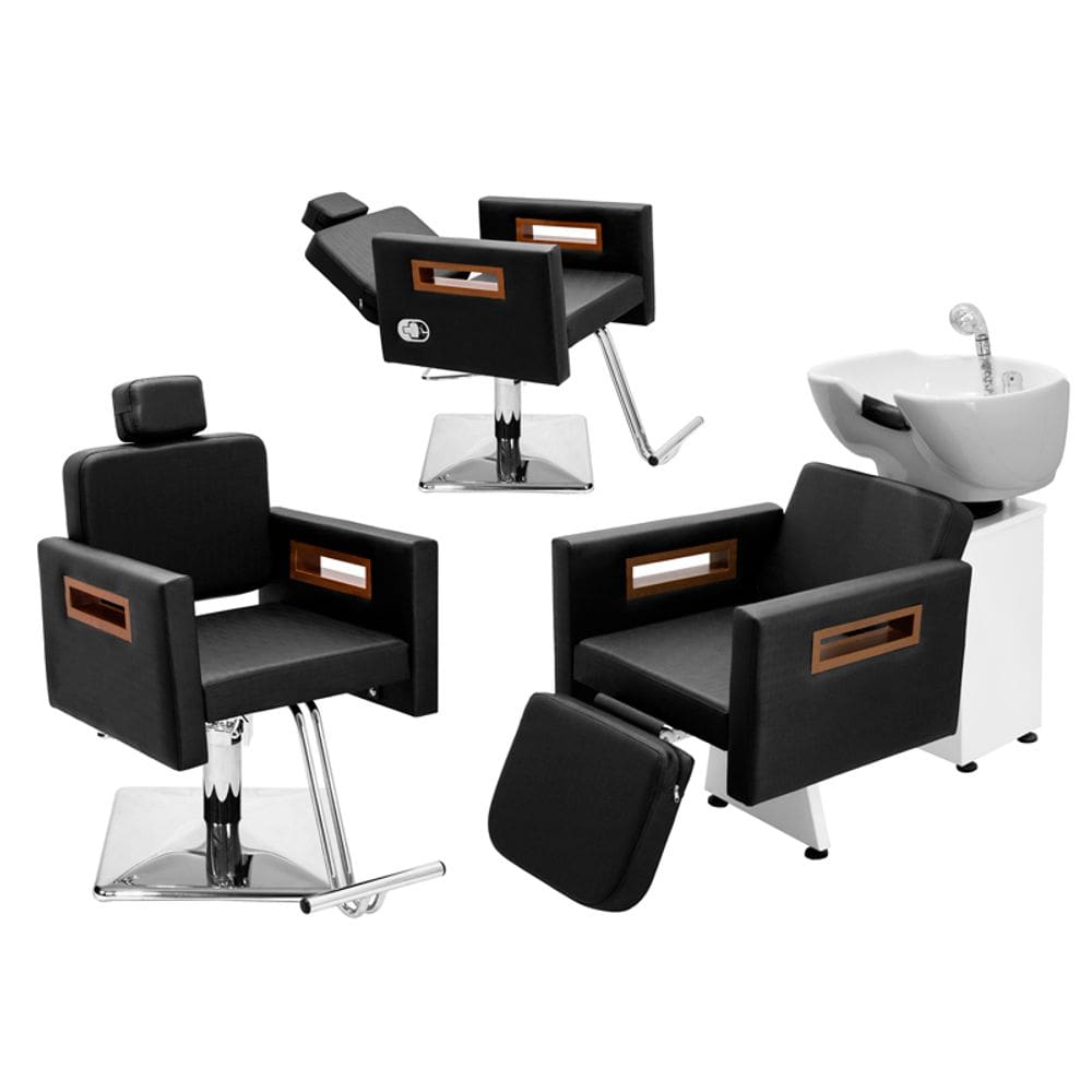 Kit Salão de Beleza 1 Cadeira Fixa + 1 Reclinável Quadrada + 1 Lavatório C/Ap Tunísia