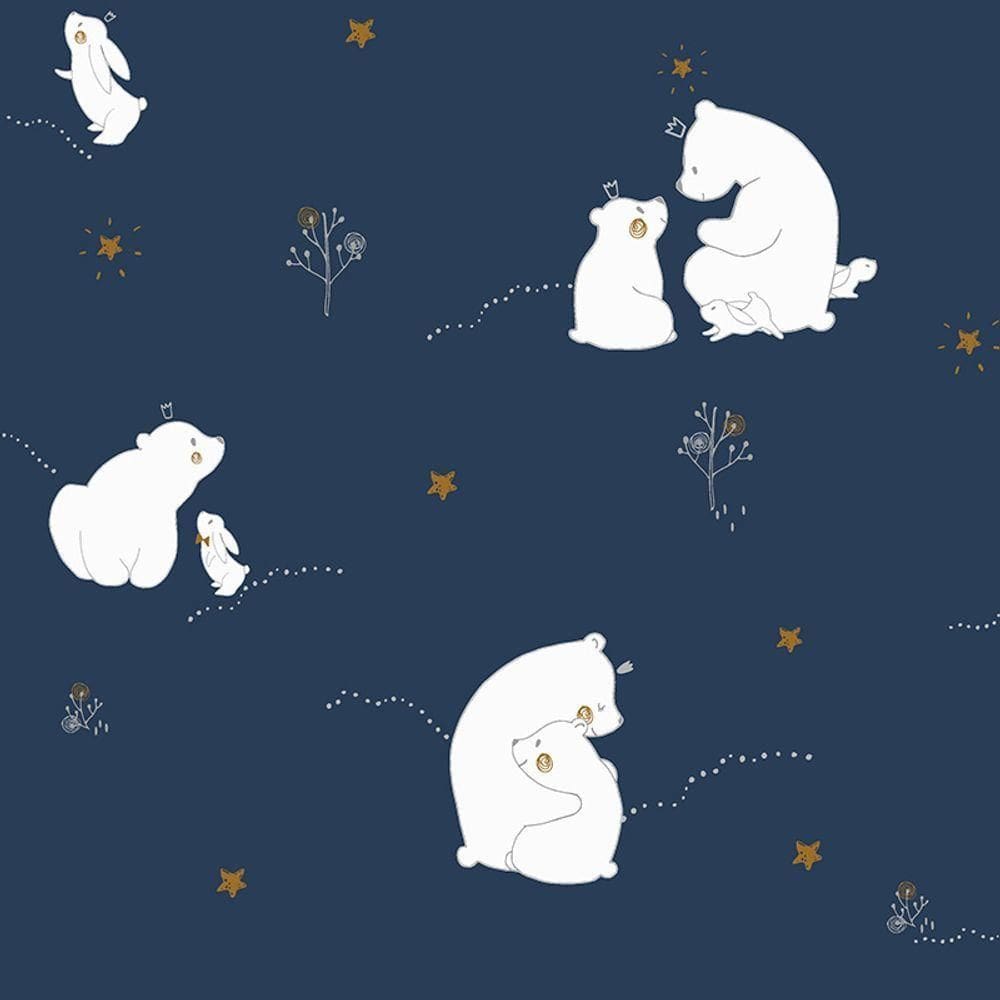 Papel De Parede Infantil Ursinhos Azul Marinho E Branco