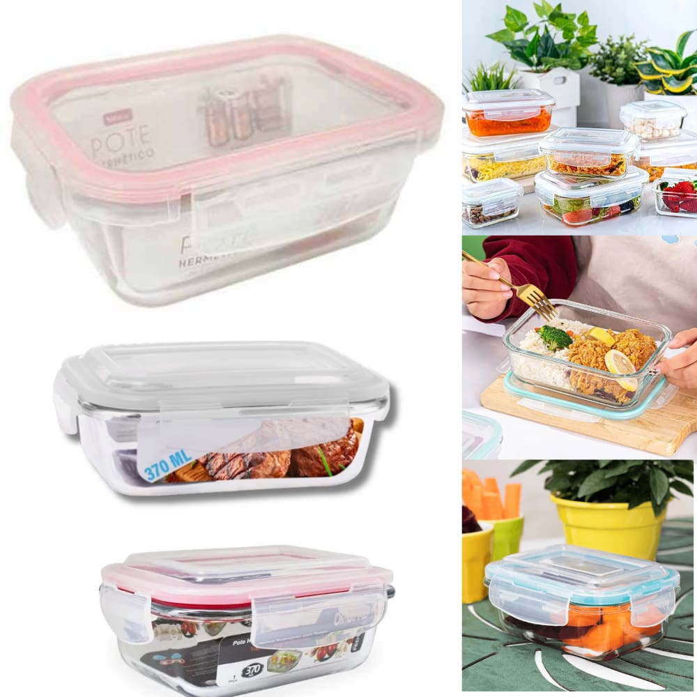 Pote Vidro Mantimentos Hermética Tampa Com Trava Silicone Rosa Marmita 370ml