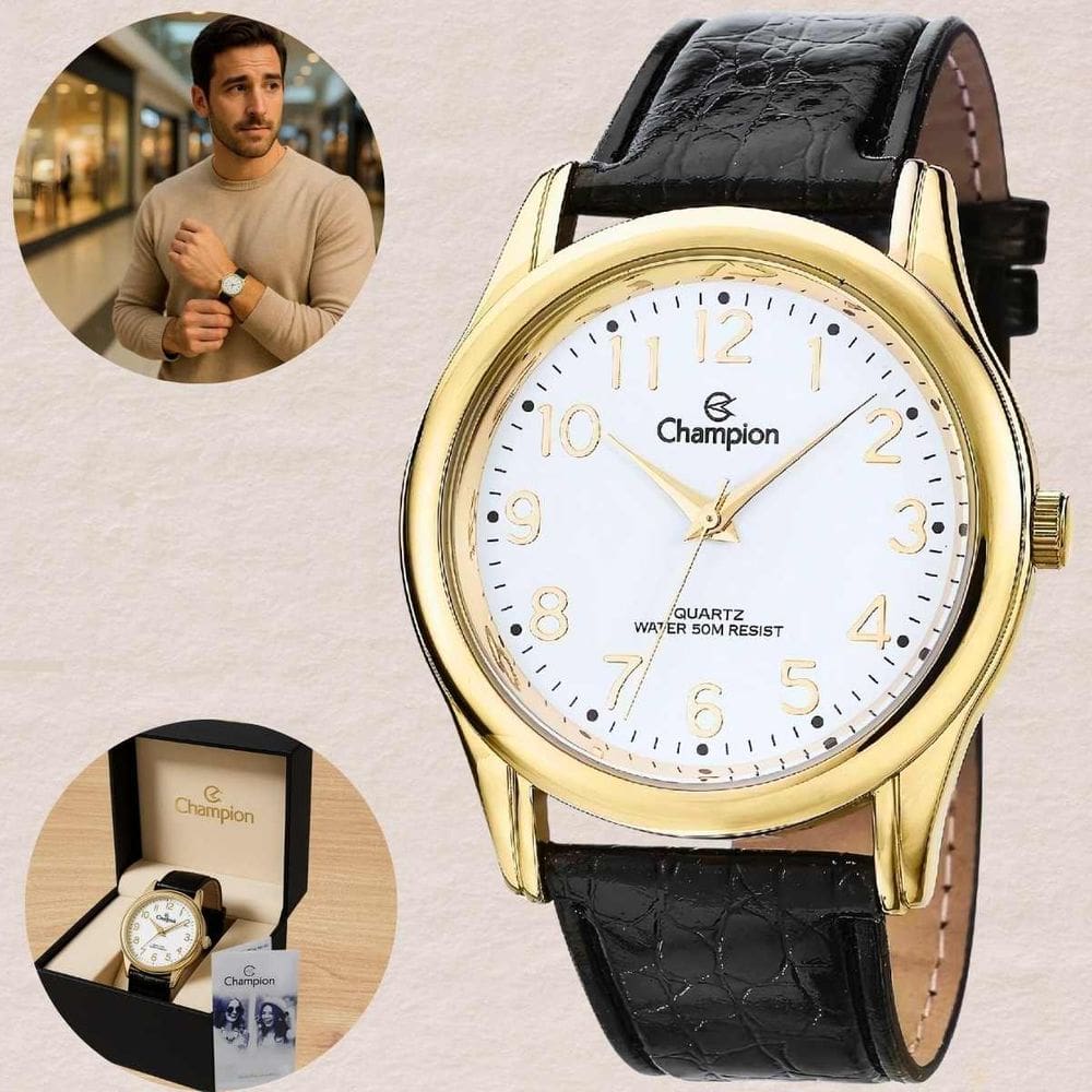 Relógio Champion Masculino Quartz Prova Dágua 50 Metros 5 ATM Pulseira Couro Casual Dourado CN20015B
