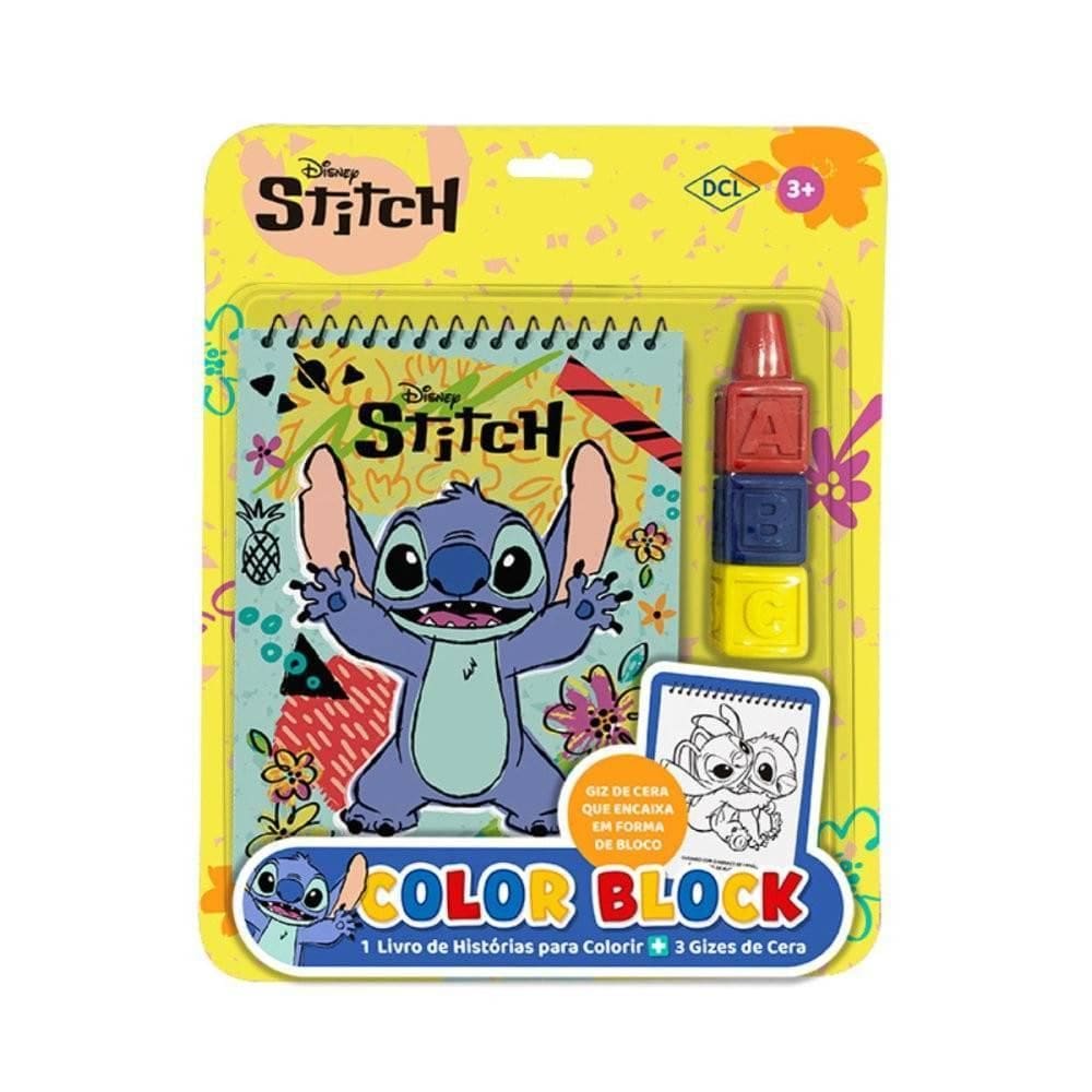 Livro Infantil Stitch Para Colorir Com 3 Gizes De Cera Bloco