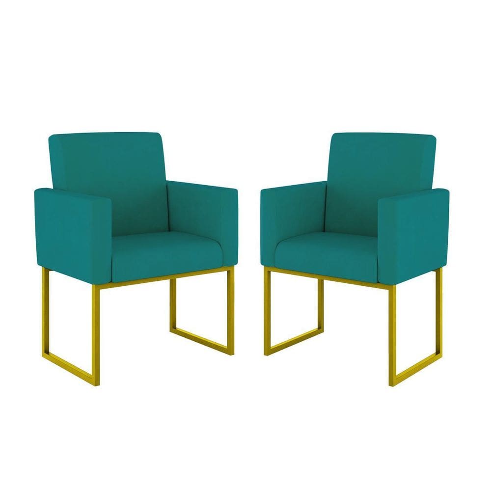 Kit 02 Cadeiras Poltrona Decorativa Sala Quarto Base Dourado
