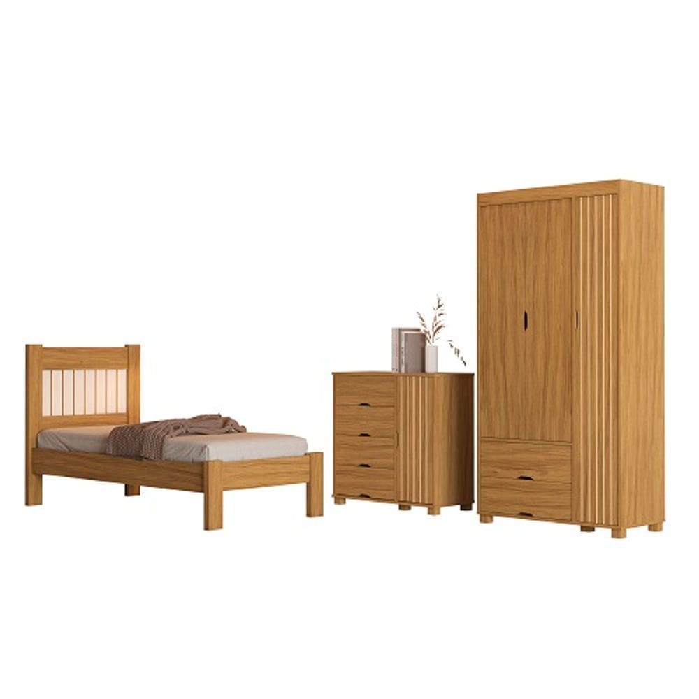 Conjunto Roupeiro/Cômoda/Cama De Solteiro Bela Nature - VJ Móveis