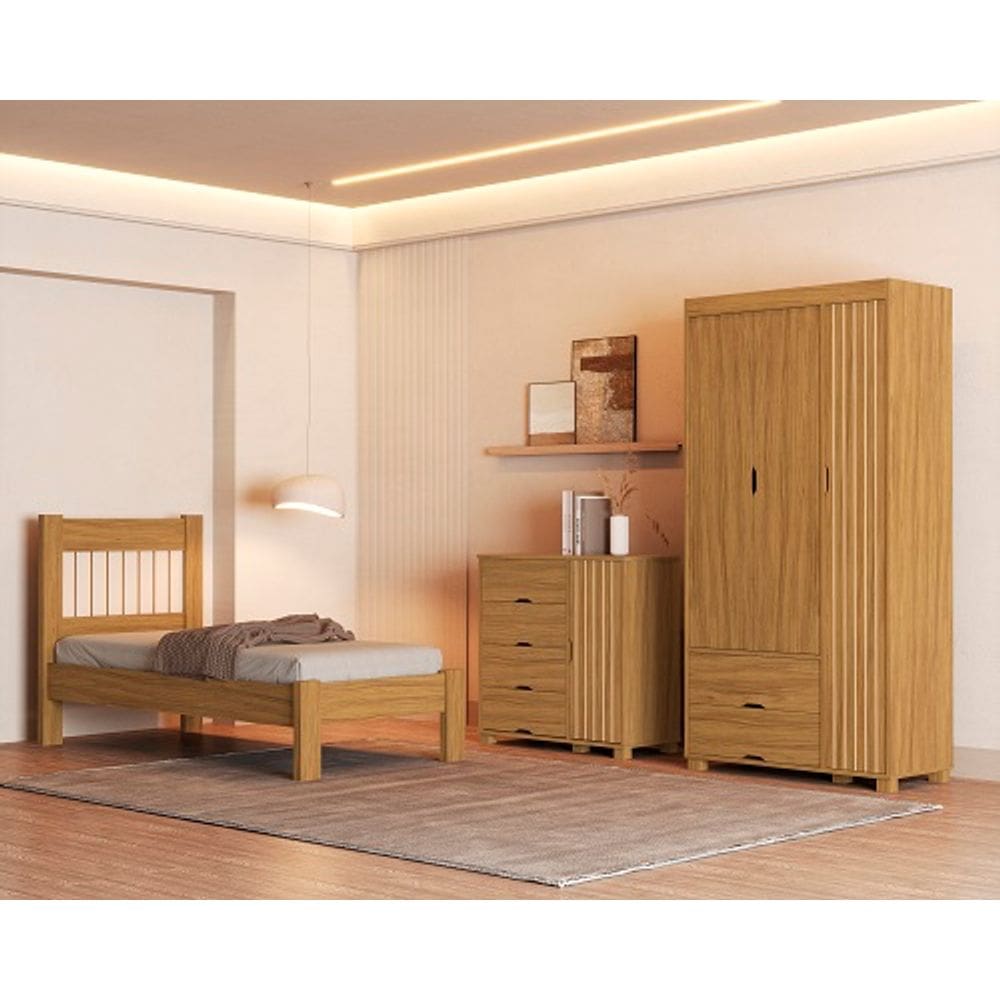 Conjunto Roupeiro/Cômoda/Cama De Solteiro Bela Nature - VJ Móveis