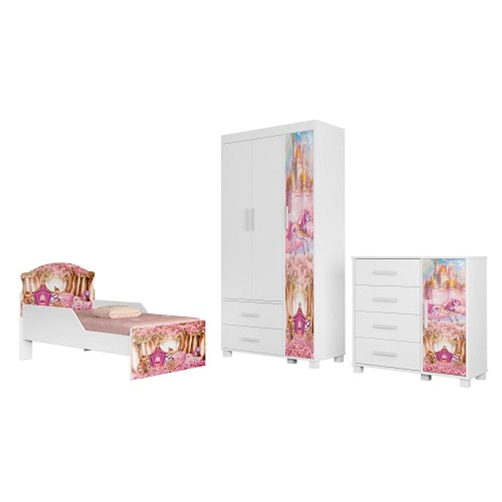 Conjunto Roupeiro/Cômoda/Cama Juvenil Livia Carruagem - VJ Móveis