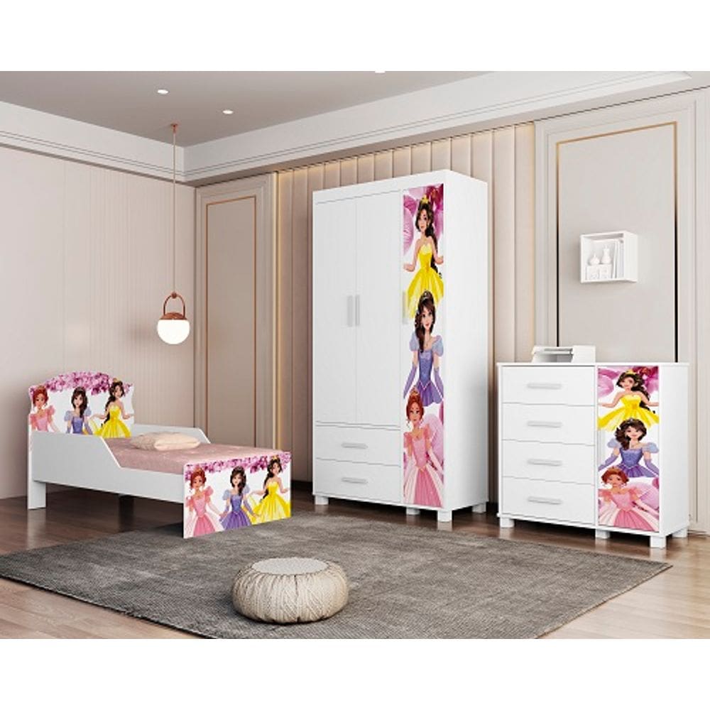 Conjunto Roupeiro/Cômoda/Cama Juvenil Livia Princesa - VJ Móveis