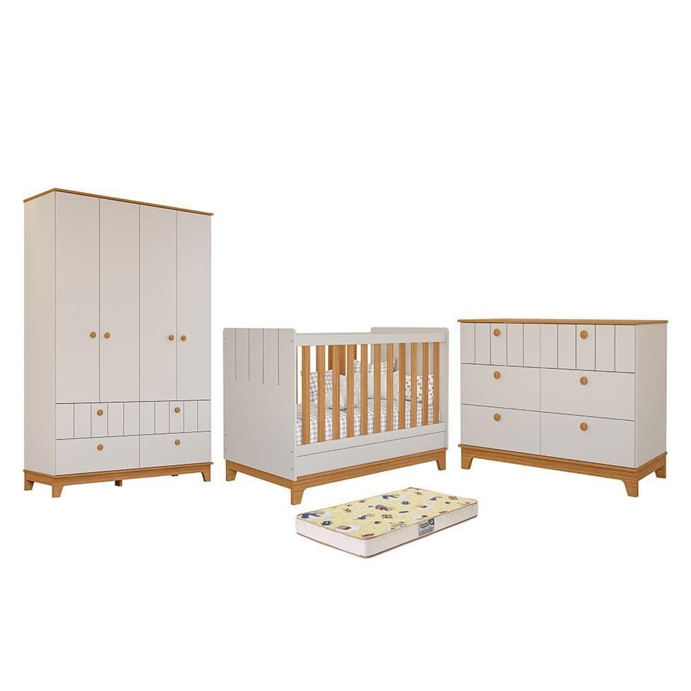 Dormitório Biscoito Guarda Roupa, Cômoda e Berço com Colchão Supreme - Permóbili Baby