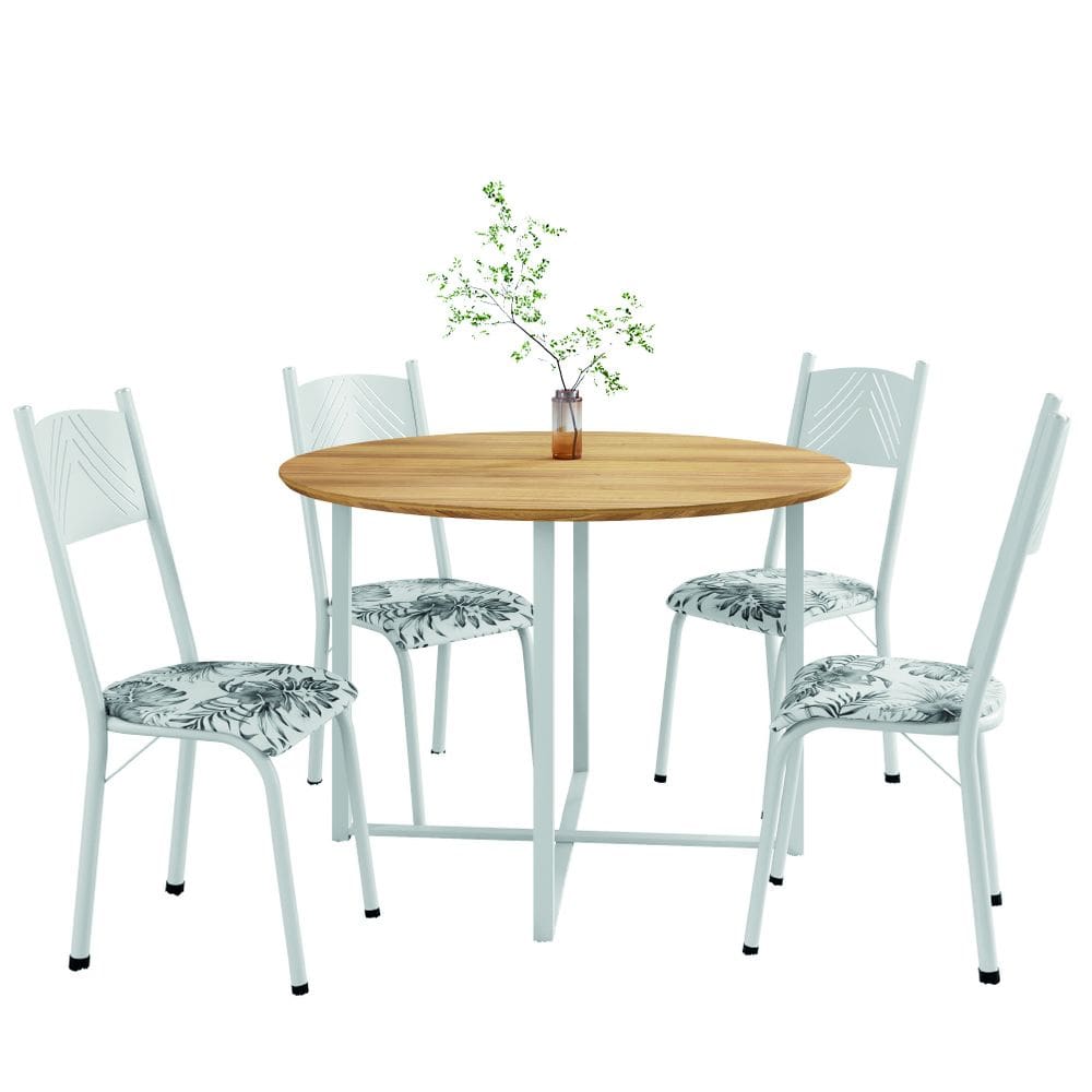Conjunto de Mesa Sala de Jantar c/ 4 Cadeiras Tampo Redondo 1m Madeirado Liz Branco/Floral Artefamol