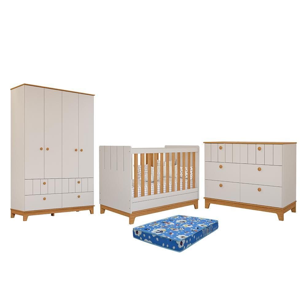 Dormitório Biscoito Guarda Roupa, Cômoda e Berço com Colchão Physical - Permóbili Baby