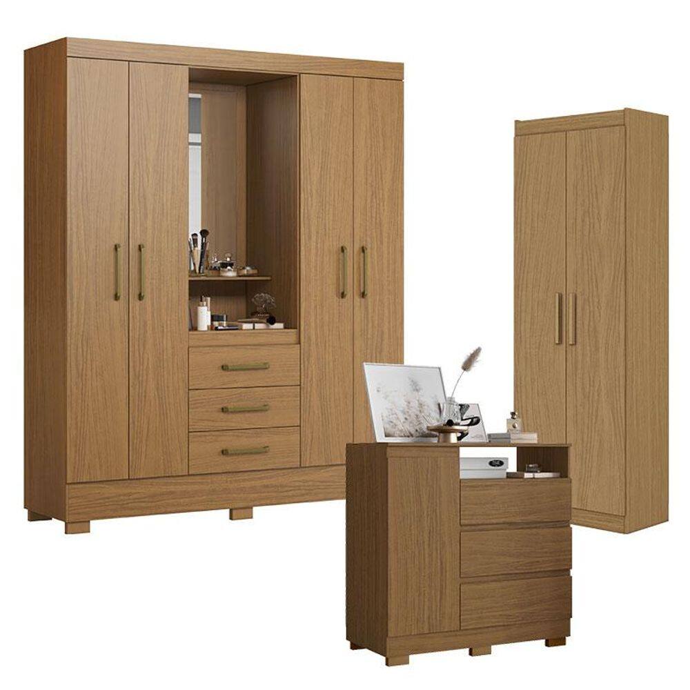 Guarda Roupa Solteiro Paris 2045150 com Armário Multiuso 2000191 e Cômoda 2014143 Atacama - Aramóveis