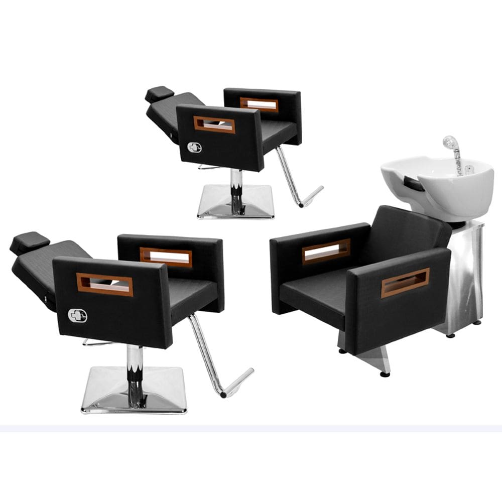 Kit Salão de Beleza 2 Cadeiras Reclináveis Quadrada + 1 Lavatório Base Inox Tunísia