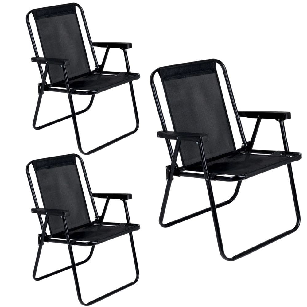 Kit 3 Cadeiras de Praia Alta Dobrável Aço Preto 110Kg - 2059 Mor