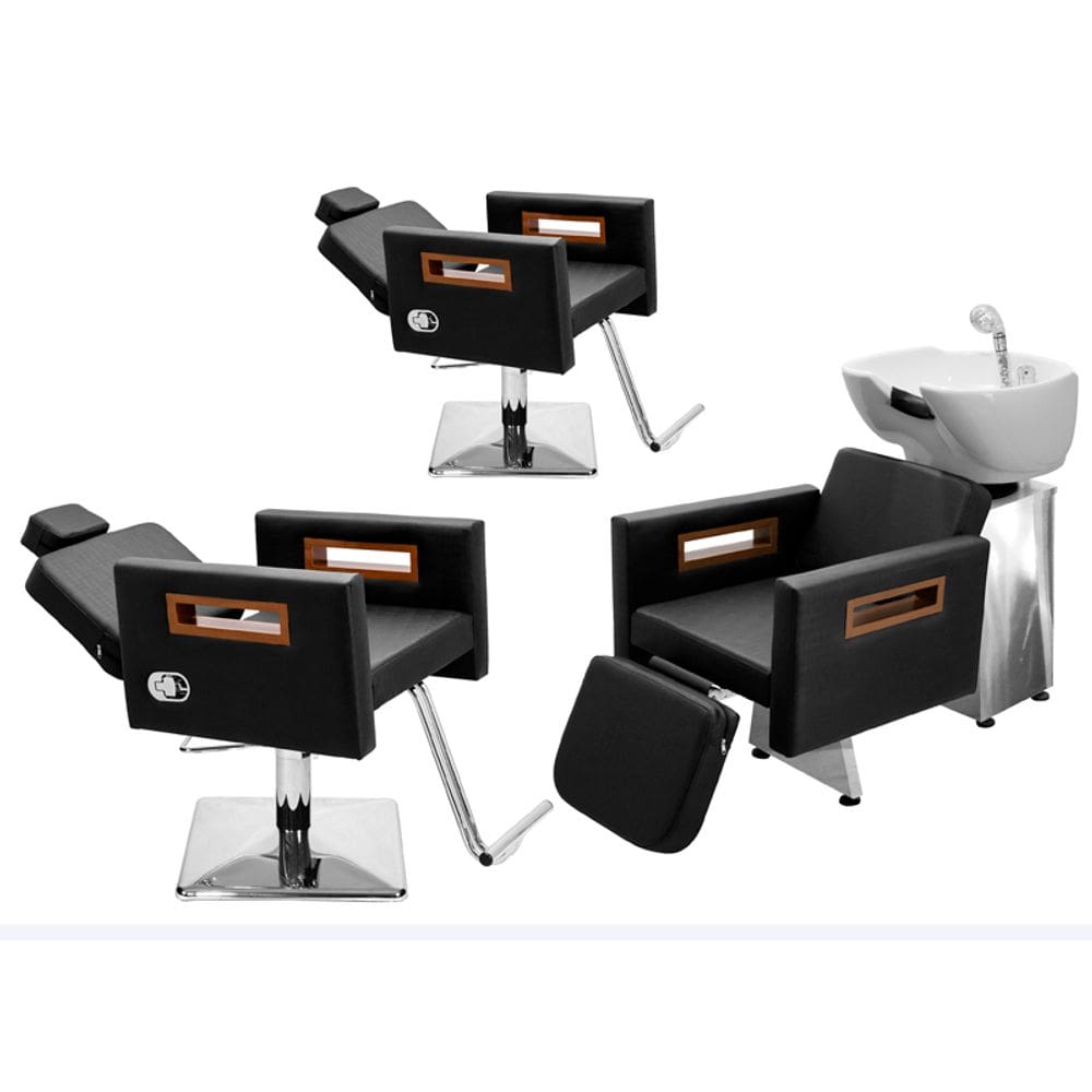 Kit Salão de Beleza 2 Cadeiras Reclináveis Quadrada + 1 Lavatório C/Ap Base Inox Tunísia