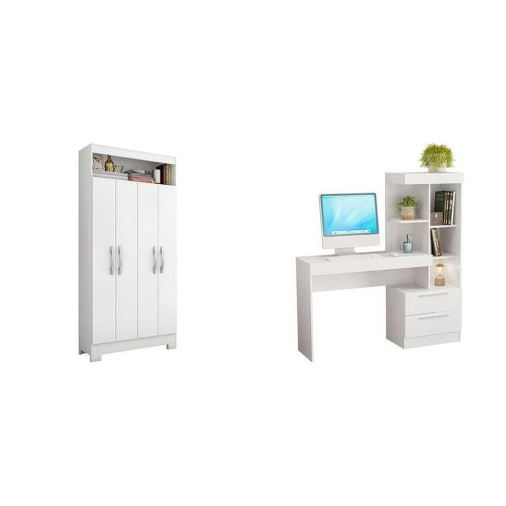 Conjunto Escritório com Mesa Escrivaninha e Armário 4 Portas com Nicho Branco