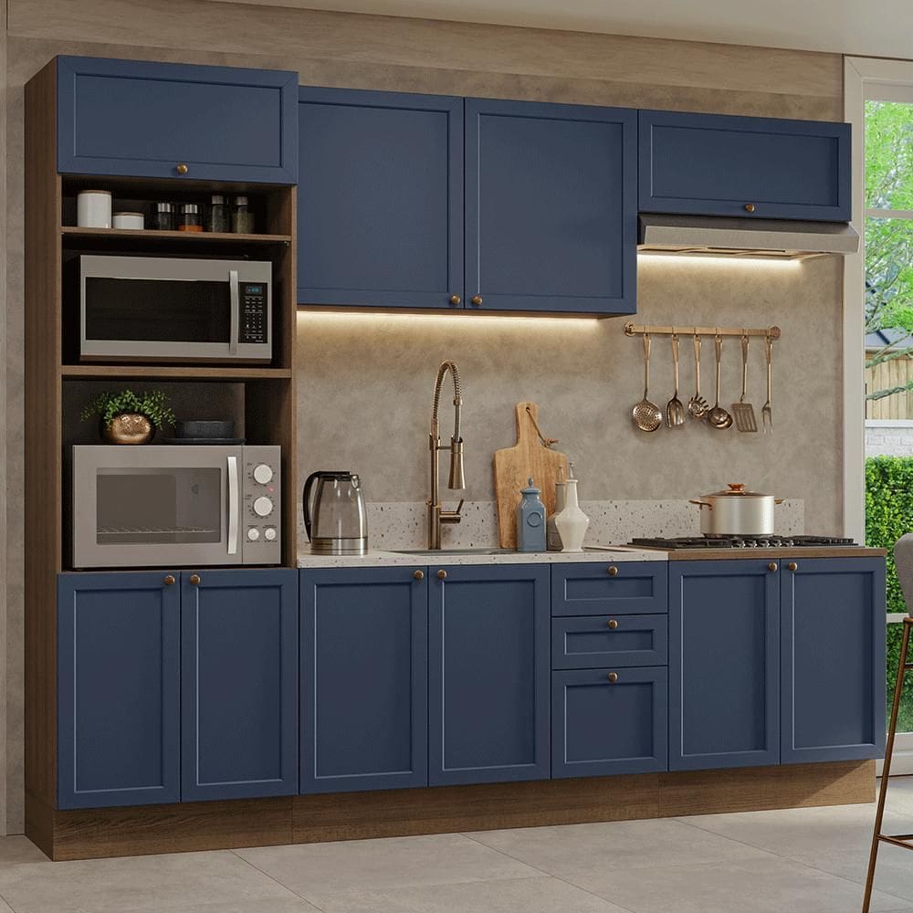 Armário de Cozinha Completa 270 cm Rustic/Azul Vik Madesa 01