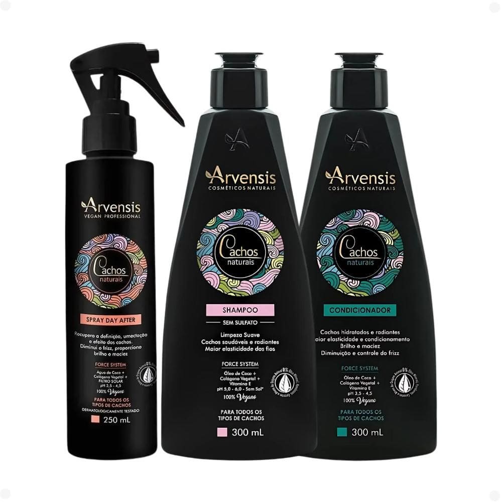 Kit Arvensis Cachos Naturais: Shampoo 300ml, Condicionador 300ml e Spray Day After 250ml
