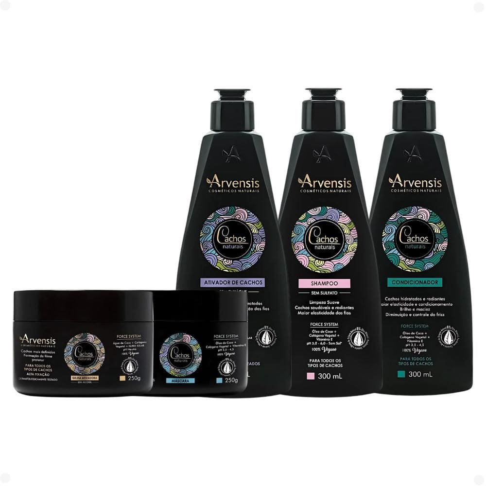 Kit Arvensis Cachos Naturais Cabelos Ondulados e Cacheados: Shampoo 300ml, Condicionador 300ml, Máscara 250g, Ativador de Cachos 300ml e Geleia Ativad