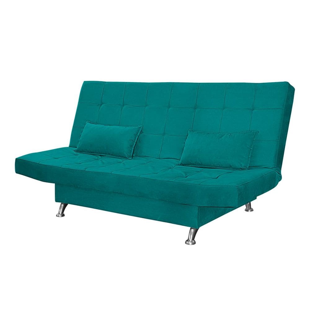 Sofá Cama Casal Com Almofadas Califórnia Suede Azul Turquesa