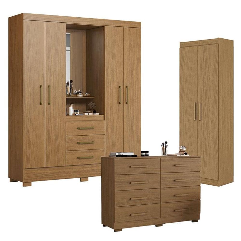 Guarda Roupa Solteiro Paris 2045150 com Armário Multiuso 2000191 e Cômoda 2014148 Atacama - Aramóveis