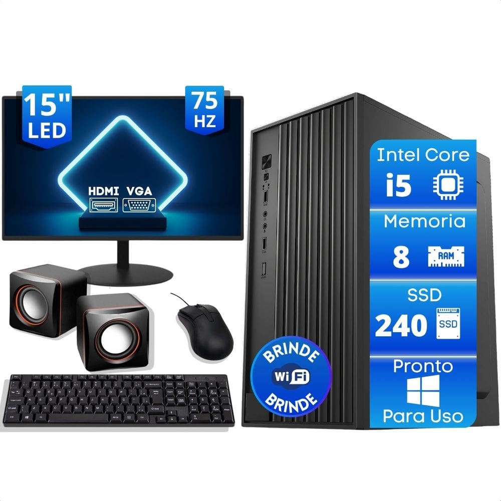 Computador Office Completo Intel Core I5 8Gb SSD 240Gb Monitor 15 Caixa de Som