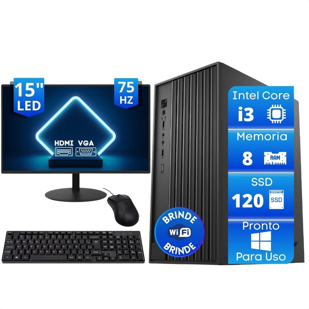 Computador Office Completo Intel Core i3 2ªG Memória 8GB SSD 120GB com Monitor 15" Mouse Teclado