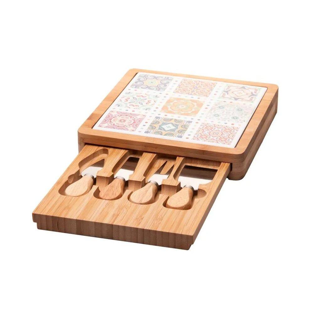 Conjunto 6pçs P/ Queijo Bandeja Bambu Tábua Ladrilho Wolff