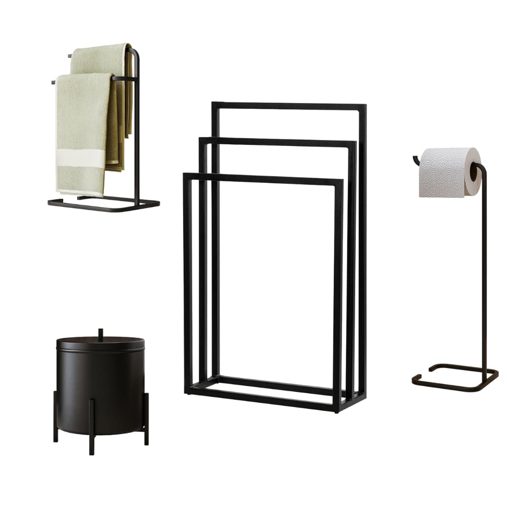Kit para Banheiro Porta Toalha de Chão Lixeira Suporte Papel e Porta Toalha Duplo