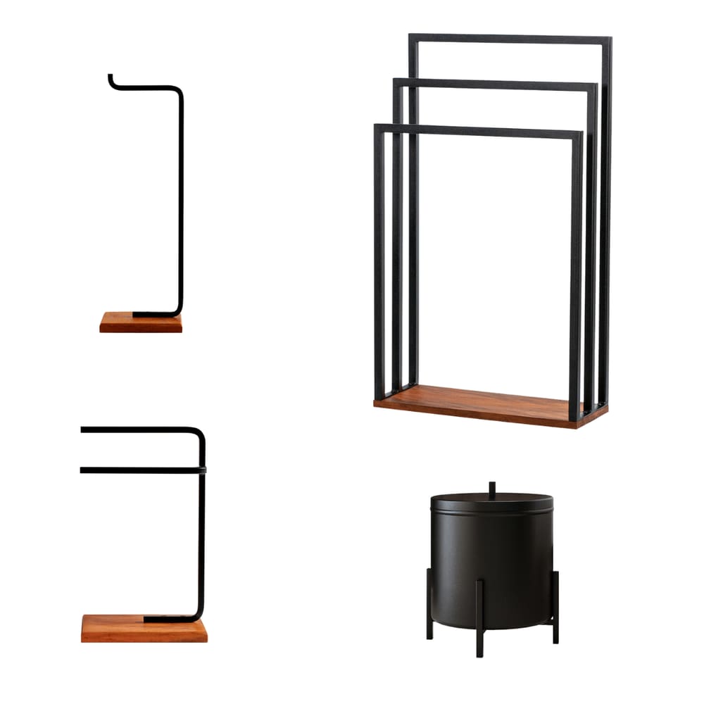 Kit para Banheiro Porta Toalha de Chão Lixeira Suporte Papel e Porta Toalha Duplo Base de Madeira