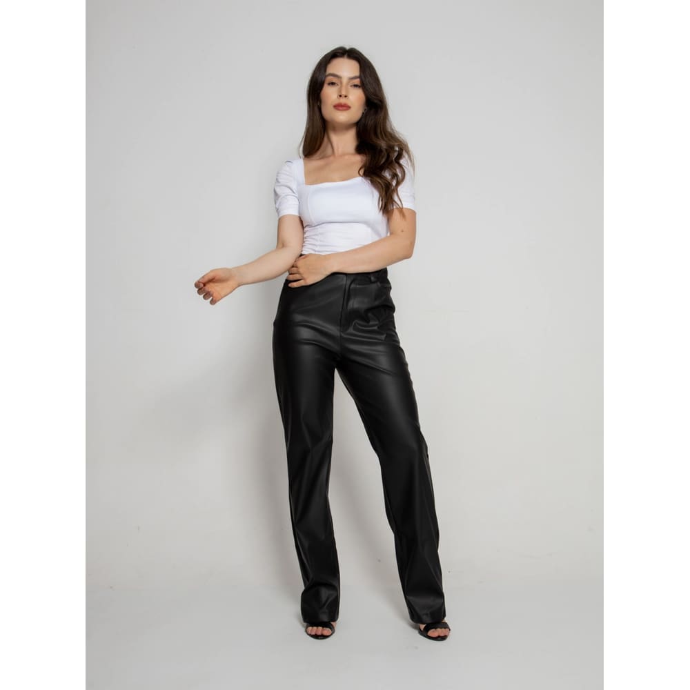 Calça Feminina De Couro Sintetico Com Bolso Cl-0030